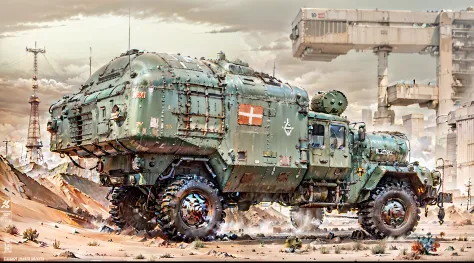 "Soviet military truck,square, Ural-4320 ,Futuristic truck, if & Life Support Module,armored , Surrounded by a gray desert, Side view and drawing ,Three-quarters ,A real drawing of rain, storm: hiquality, ultra detialed, Brutal,steep ,angular"