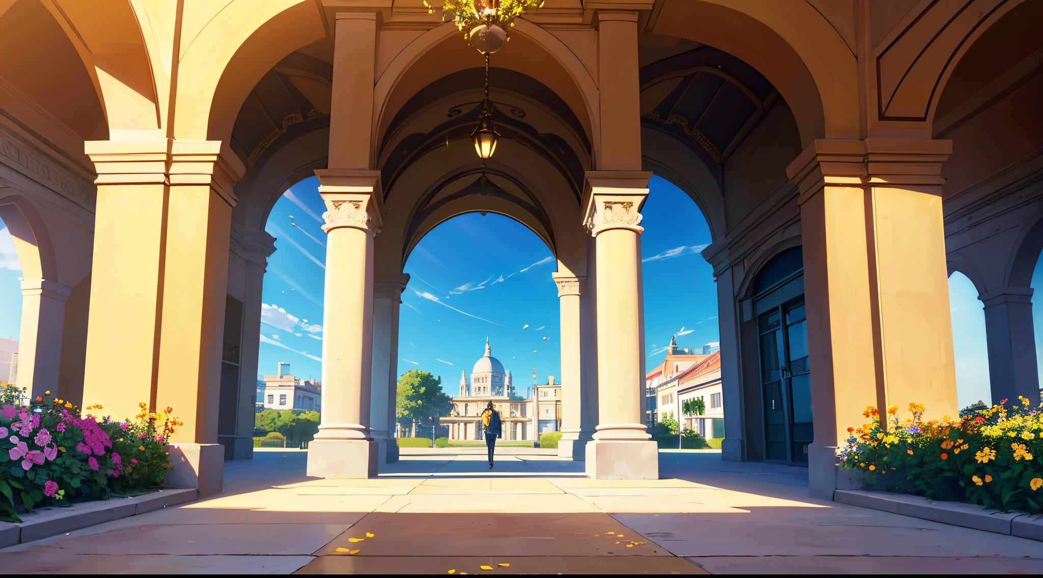 A sunny day in a school, with rays of light shining through (best quality, photorealistic), a beautiful background (landscape:1.2) with (vivid colors), and (sharp focus) highlighting the scene. The school building is (ultra-detailed:1.2) with (physically-based rendering) techniques, showcasing its architectural beauty. There are (students) enjoying their time outdoors, with (happy expressions) on their faces. The courtyard is filled with (lush greenery) and (colorful flowers) blooming in the sunlight. In the distance, (playful shadows) create interesting patterns on the ground. The (sun) shines brightly, casting (warm golden hues) over the entire scene. The atmosphere is filled with (joy and excitement), making it a perfect day for learning and exploration in this school.