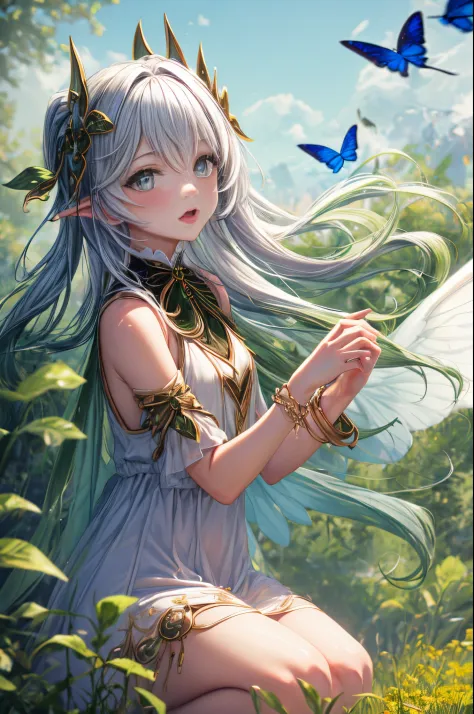 "((Innocent)) girl, golden hour, dreamy meadow, ethereal, whimsical, flowing dress, soft sunlight, enchanting, butterfly wings, ...