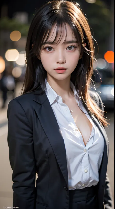 (masutepiece, Best Quality:1.2), 8K, 85 mm, Official art, Raw photo, absurderes, violaceaess, rosaceaess, gardeniass, Beautiful Girl, Pretty Face, close up, Upper body, Cinch West, Black Tailored Suit, Suit jacket, V-neck shirt, Looking at Viewer, cleavage...