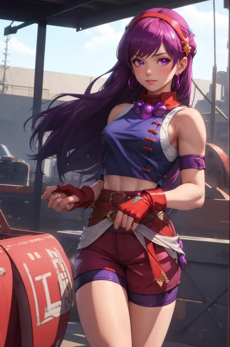 (masterpiece, best quality:1.2), cowboy shot,1girl,solo,purple hair,fingerless gloves,purple eyes,long hair,blue bike shorts,red...