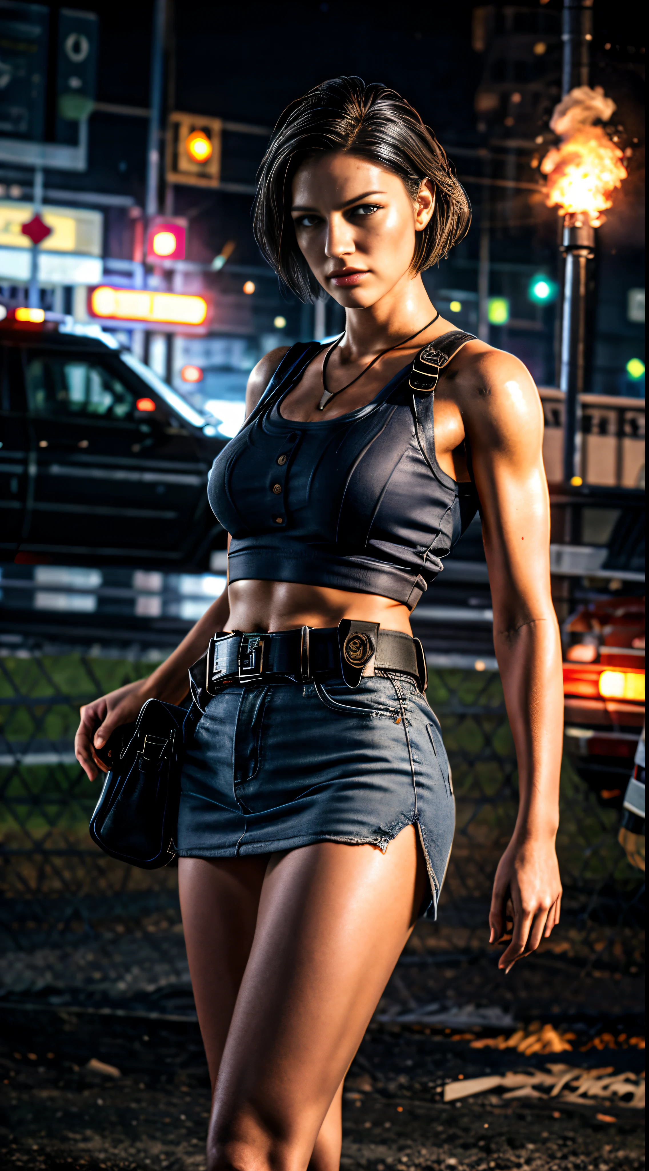Masterpiece, Best Quality, (Very complex), (realisitic), (A hyper-realistic:1.4), medium full shot, Jill Valentine, police officer_Uniform, ((serious face)), exteriors, ((A ruined city)), ((Hordes of zombies behind)), looking away, ,Fantasy, Jill Valentine, athletic body, flames, holding a handgun, volume,1 Girl, mini-skirt, Tank Top, volumetric light, dramatic fireworks, looking up at viewer