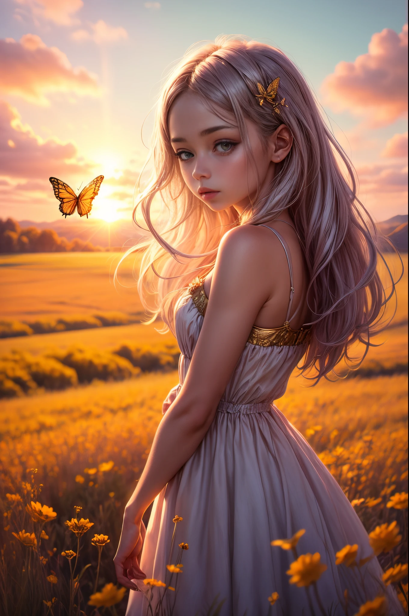 "((無実の)) 女の子, ゴールデンアワー, 夢のような草原, 霊妙な, 気まぐれな, ゆったりとしたドレス, 柔らかな日差し, 魅惑的な, 蝶の羽, (パステルカラーの雲), 液体の反射,氷結
