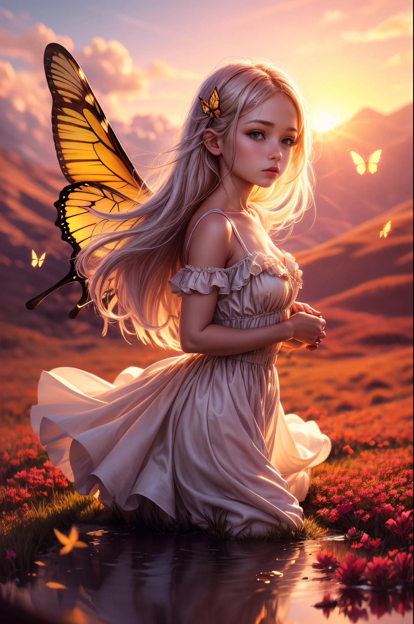 "((Innocent)) girl, golden hour, dreamy meadow, ethereal, whimsical, flowing dress, soft sunlight, enchanting, butterfly wings, (pastel clouds), liquid reflections,frieren