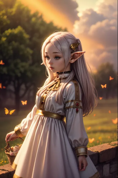 "((Innocent)) Elf girl, golden hour, dreamy meadow, ethereal, whimsical, flowing dress, soft sunlight, enchanting, butterfly win...