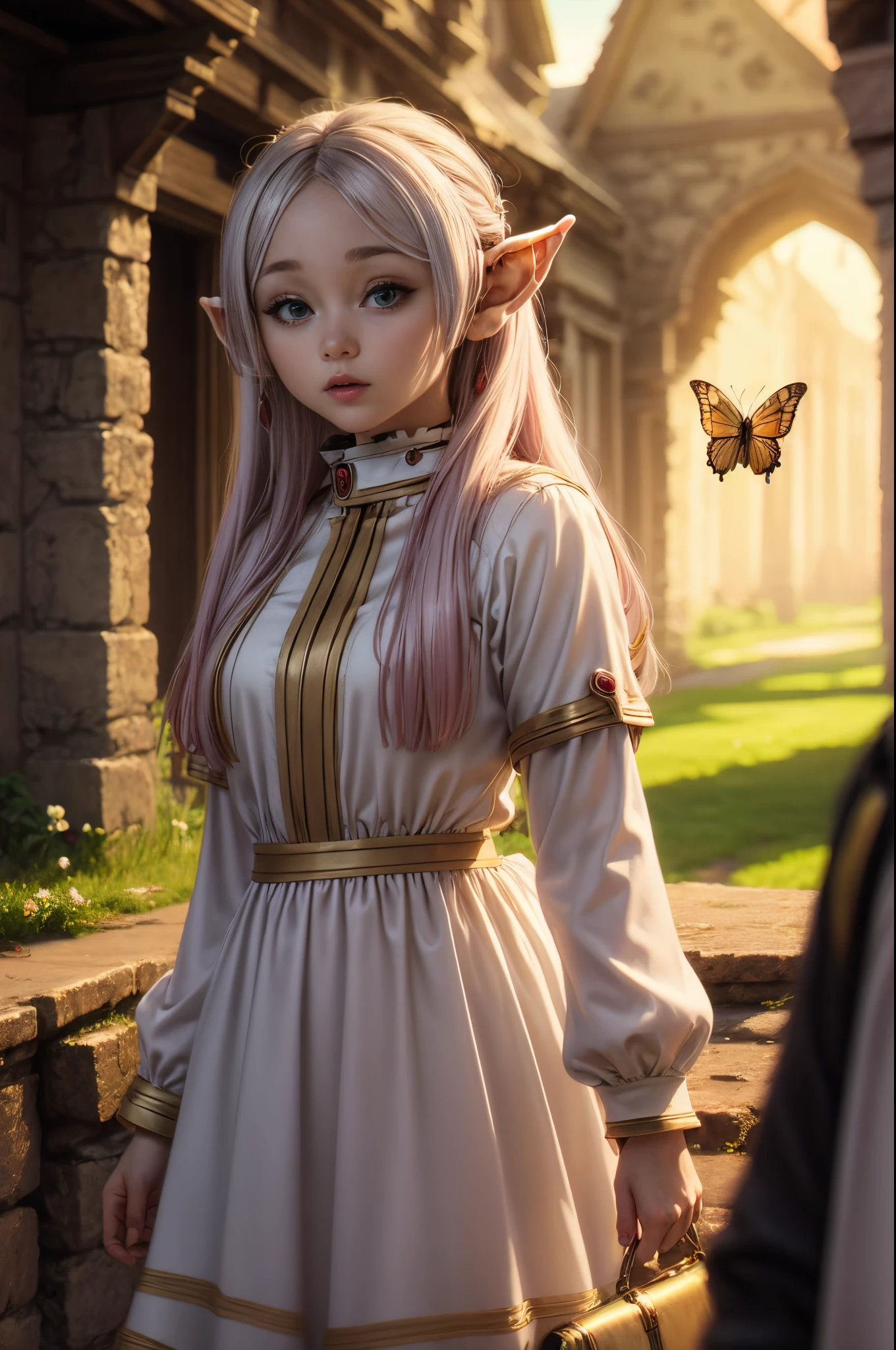 "((Innocent)) Elf girl, golden hour, dreamy meadow, ethereal, whimsical, flowing dress, soft sunlight, enchanting, butterfly wings, (pastel clouds), liquid reflections,frieren