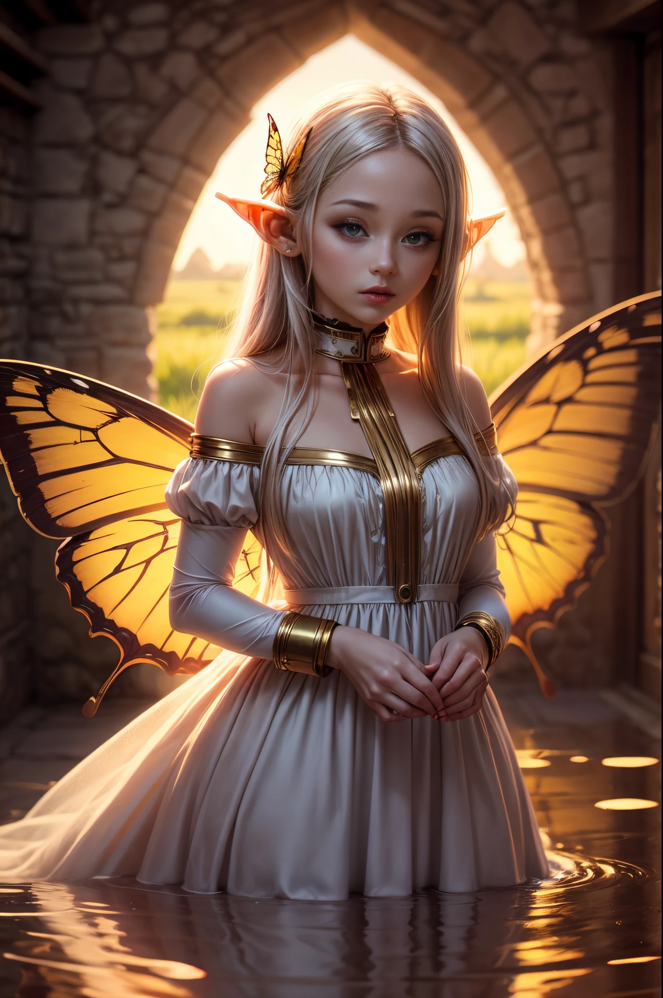 "((inocente)) garota elfa, Hora dourada, prado sonhador, etéreo, Excêntrico, vestido esvoaçante, luz solar suave, encantador, Asas de borboleta, (nuvens pastel), reflexos líquidos,congelar
