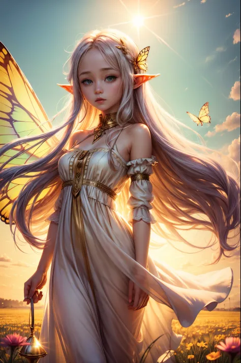 "((Innocent)) Elf girl, golden hour, dreamy meadow, ethereal, whimsical, flowing dress, soft sunlight, enchanting, butterfly wings, (pastel clouds), liquid reflections,frieren