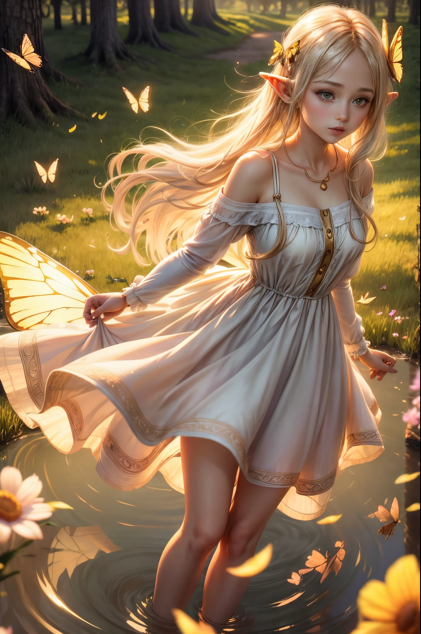 "((無実の)) エルフの少女, ゴールデンアワー, 夢のような草原, 霊妙な, 気まぐれな, ゆったりとしたドレス, 柔らかな日差し, 魅惑的な, 蝶の羽, (パステルカラーの雲), 液体の反射,氷結