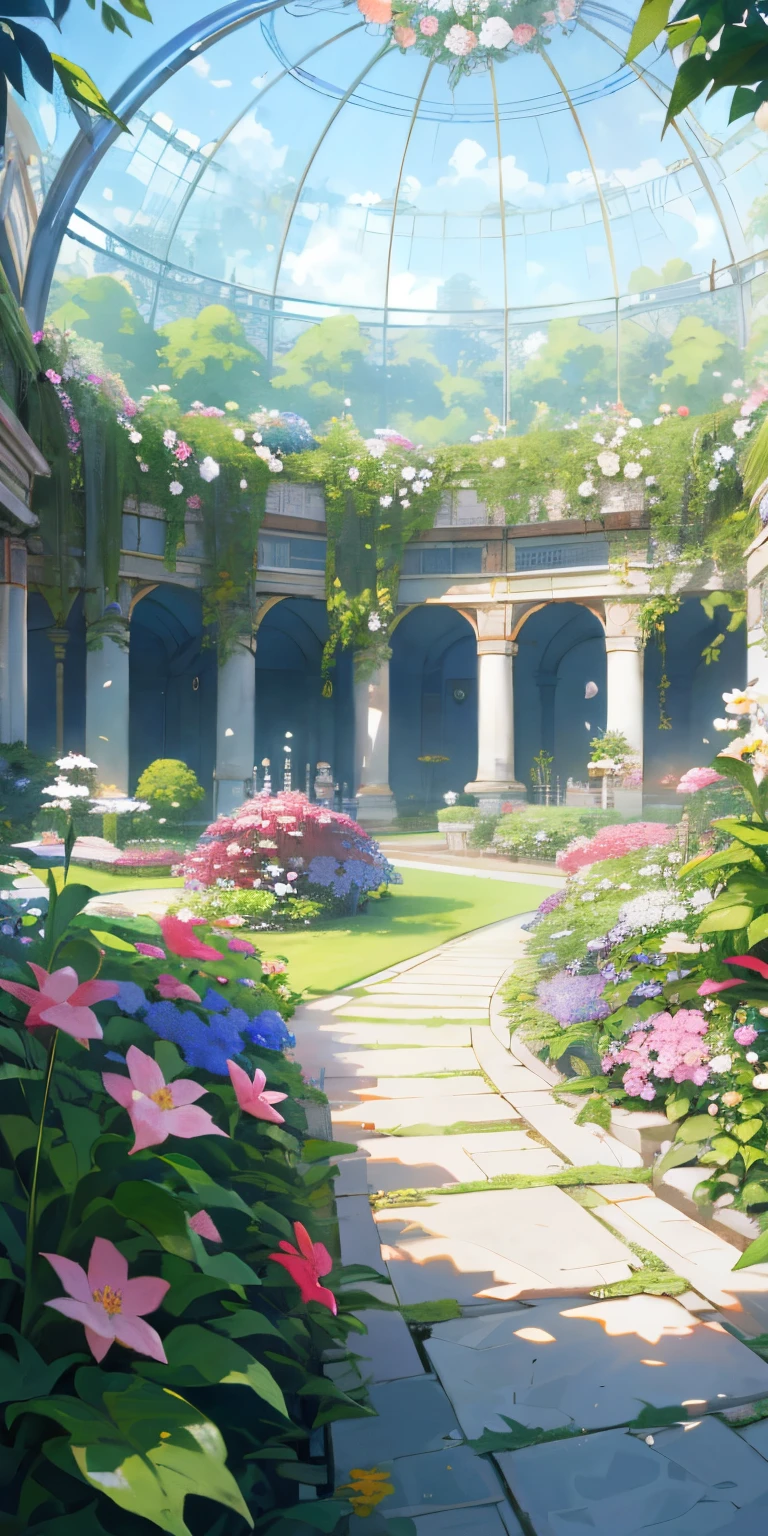 (of the highest quality, masutepiece, A hyper-realistic), Indoor Botanical Garden, dome, Lots of flowers, dense clump of plants, Landscape in the background、A garden where petals and puffs fly around. --v6