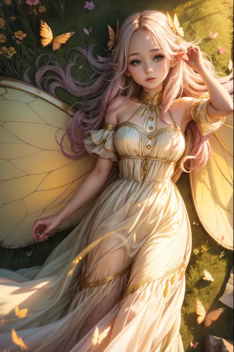 "((Innocent)) Elf girl, golden hour, dreamy meadow, ethereal, whimsical, flowing dress, soft sunlight, enchanting, butterfly win...