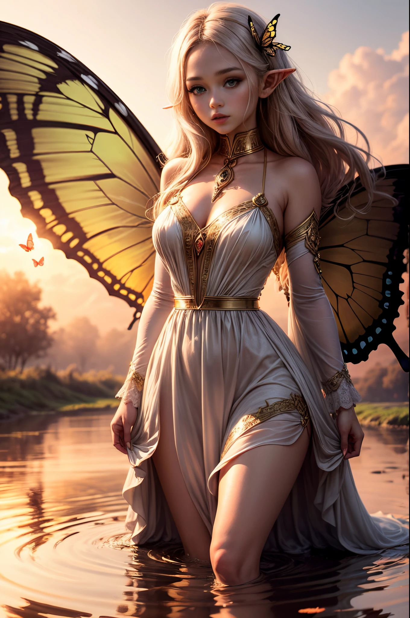 "((inocente)) chica elfa, hora dorada, prado de ensueño, etéreo, caprichoso, vestido fluido, suave luz del sol, Encantador, alas de mariposa, (nubes pastel), reflejos líquidos,congelar