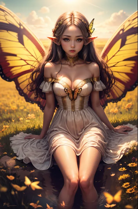"((Innocent)) Elf girl, golden hour, dreamy meadow, ethereal, whimsical, flowing dress, soft sunlight, enchanting, butterfly wings, (pastel clouds), liquid reflections,frieren