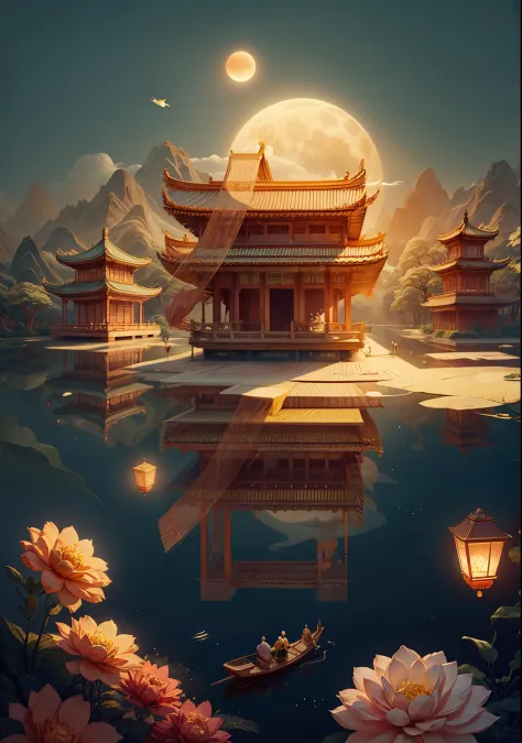 high pavilion palace, without humans, (large moon)，an osmanthus tree，White rabbit，lanterns，palaces，​​clouds, Chinese,Ivory Gold ...
