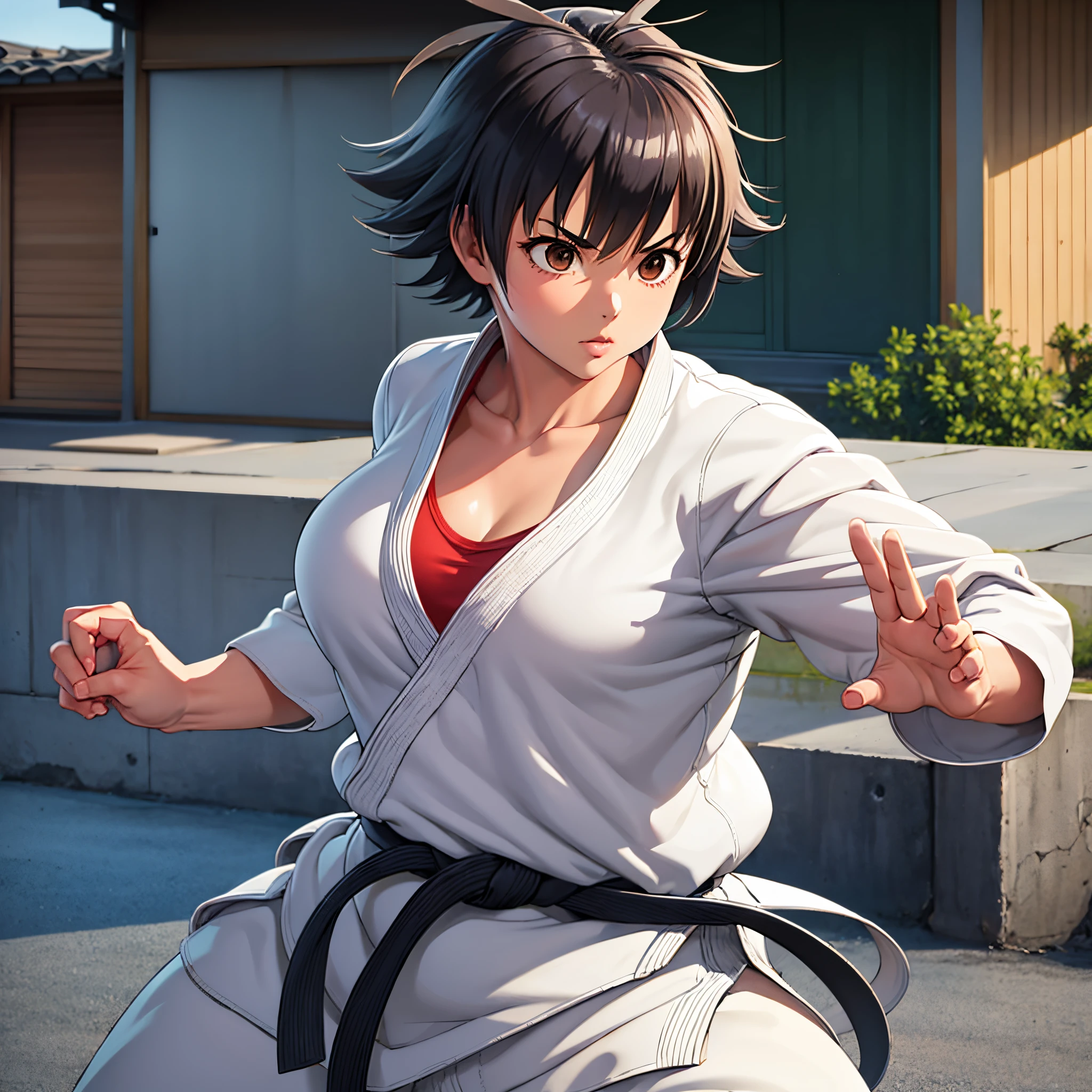1 chica, makoto, Postura de Karate, cuerpo atlético, cabellos cortos, joven asiática