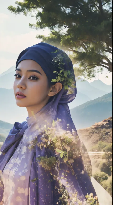 Combine a portrait of a Malay man and a malay girl in hijab with a serene natural lavender landscape, creating a harmonious doub...