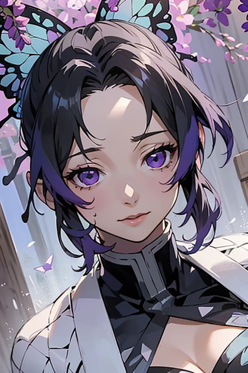 Ultra-realistic 8K CG，tmasterpiece，（（Ultra detailed backgrounds，delicate patterns，Best intricate and detailed quality，very vey very detailed face，extremely detailed eye and face，Very detailed eyes，kochou shinobu，O cabelo multicolorido，No bangs，Hair intake，Purple Eye，Forehead，Black shirt，Black pantsuit，haori，butterflys，Strip strip，（Torpical Garden：1.2），purple flower，Mostly cloudy sky，rays of sunshine，Tindall Effect，gradient_skyporn，faces，Beautiful sky，Saber on the waist，enchanting posture，（Large breasts:1.3)，（cleavage:1.3)，（Off-the-shoulder clothing:1.5)、perfect hands perfect fingers perfect breasts perfect hair perfect face perfect body