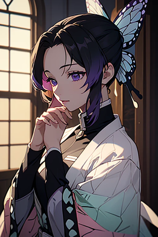 Ultra-realistic 8K CG，tmasterpiece，（（Ultra detailed backgrounds，delicate patterns，Best intricate and detailed quality，very vey very detailed face，extremely detailed eye and face，Very detailed eyes，kochou shinobu，O cabelo multicolorido，No bangs，Hair intake，Purple Eye，Forehead，Black shirt，Black pantsuit，haori，butterflys，Strip strip，（Dark indoor：1.2），Tindall Effect，gradient_skyporn，faces，Saber on the waist，enchanting posture，full bodyesbian、（onepiece:1.5)、perfect hands perfect fingers perfect breasts perfect hair perfect face perfect body