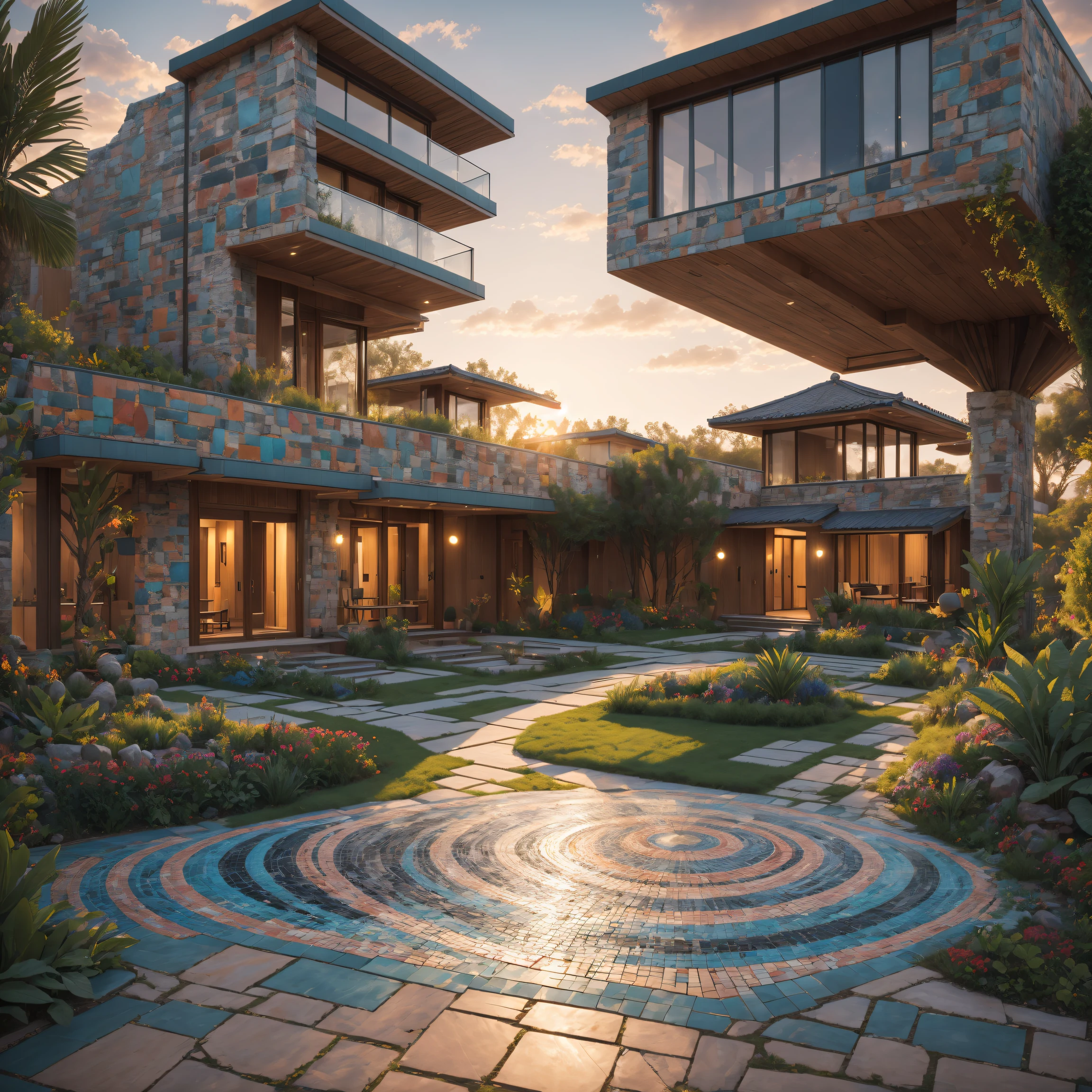 ((Tribal style villa)), external garden, Mosaic tribal sculpture, flagstone road, the sunset, hyper realisitc, Ahfu future, hyper realisitc, artistic décor, concept-art, 3D future, lightand shade contrast, Ray traching, mosaic art, wide wide shot, Best quality at best, A high resolution, Award-Awarded, tmasterpiece, 4K