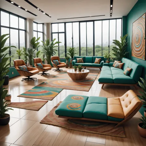 tribal style，Utopian，Ahfu future，Postmodern，Lounge style office photos，inside a room，cozy environment，Modern furniture，Stylish d...