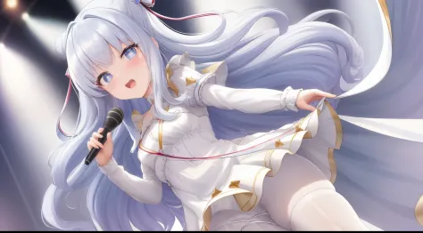 (((4k、masterpiece、top-quality))), best quality, masterpiece, le malin holding a microphone with her two hands and singing, hands on microphone, microphone, holding with two hands, open mouth, singing, le malin, star-shaped pupils, double bun, blue eyes, ve...