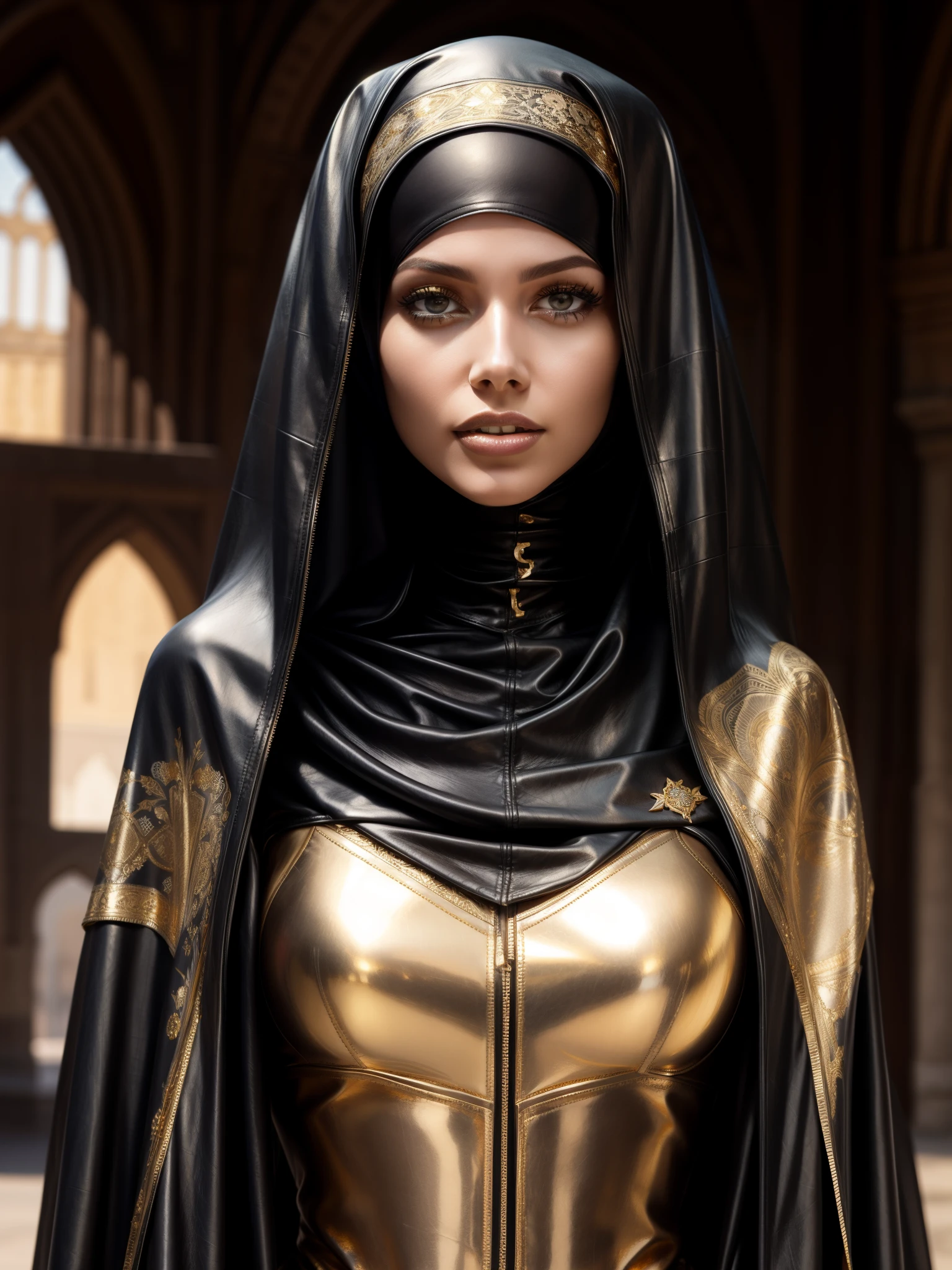 gorgeous woman, professional, (4k photo) by (Jeremy Lipking:0.3), (Dittmann Anna:0.3), (Arian Mark:0.3), (Sharp focus:1.3), (beautiful woman:1.3), wearing (leather hijab, leather abaya with intricate gold details:1.2), perfect make-up, striking, mesmerizing eyes, beautiful detailed face, standing in an arabian medieval marketplace