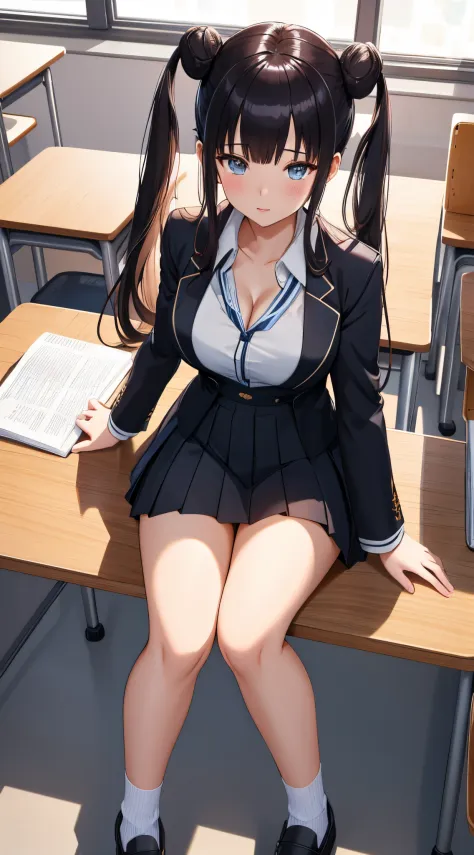 (best quality), 1 girl, ultra-detailed, illustration, yang guifei, classroom, sitting, (school uniform), white blouse, cleavage, short black pleated skirt