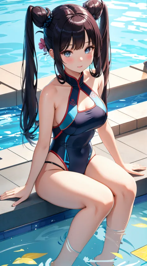(best quality), 1 girl, ultra-detailed, illustration, yang guifei, swimming pool, sitting, (swimsuit),