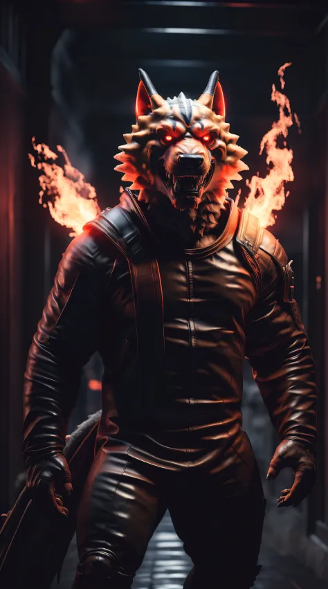(best quality,16k,32k,Altas,master part:1.2),ultra-detalhado,(Realistic,fotorrealista,photo-realistic:1.37),(O Orochi Kyle definitivo) glowing red eyes realistic fire background of USA totally destroyed alone looking at camera serious expression.