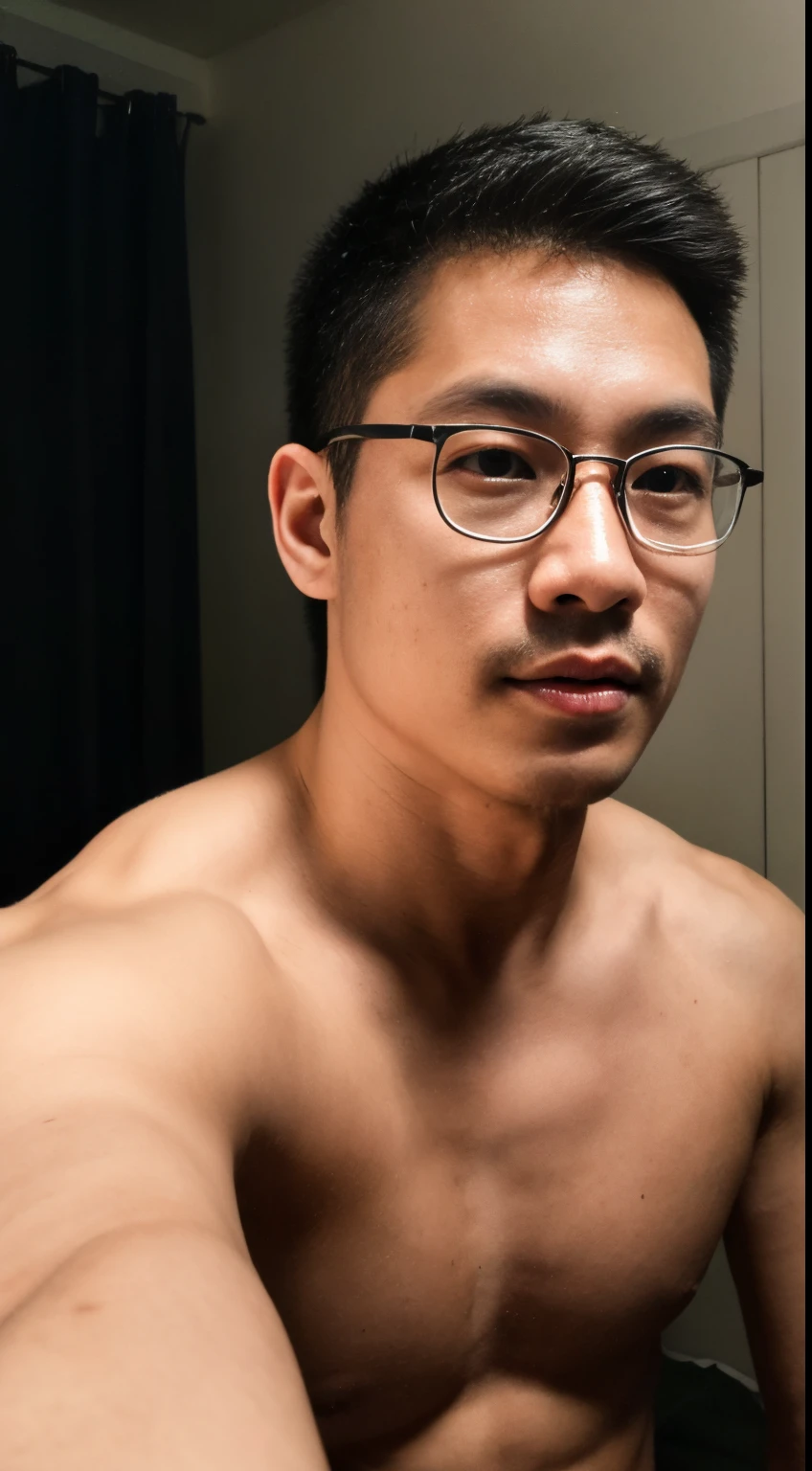 Arafed asian man with glasses and no shirt looking at the camera - SeaArt AI