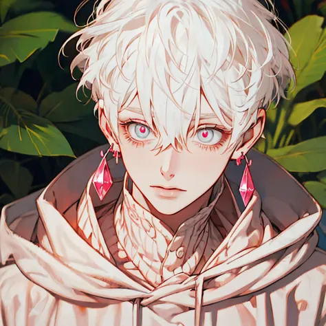 Boy, white hair, cute, pink clothes, earrings, (eyes:1.5)