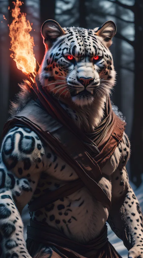 (best quality,16k,32k,Altas,master part:1.2),ultra-detalhado,(Realistic,fotorrealista,photo-realistic:1.37),(O melhor leopardo da neve Orochi) glowing red eyes realistic fire background of totally destroyed forest alone looking at camera serious expression...