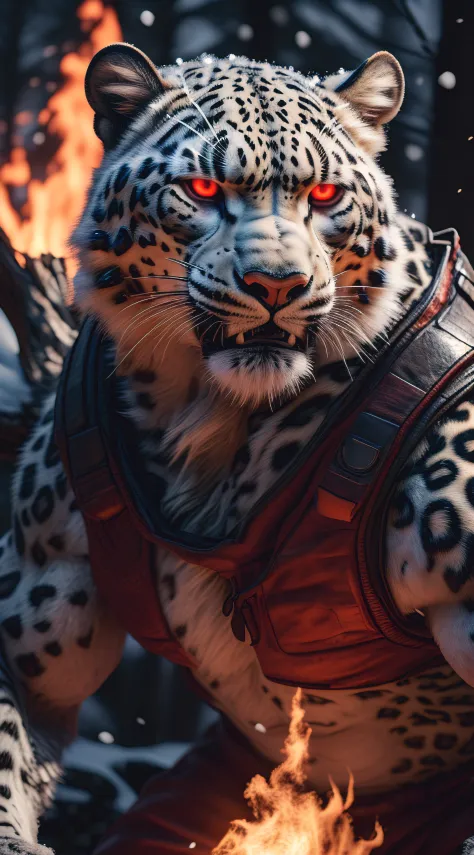 (best quality,16k,32k,Altas,master part:1.2),ultra-detalhado,(Realistic,fotorrealista,photo-realistic:1.37),(O melhor leopardo da neve Orochi) glowing red eyes realistic fire background of totally destroyed forest alone looking at camera serious expression.