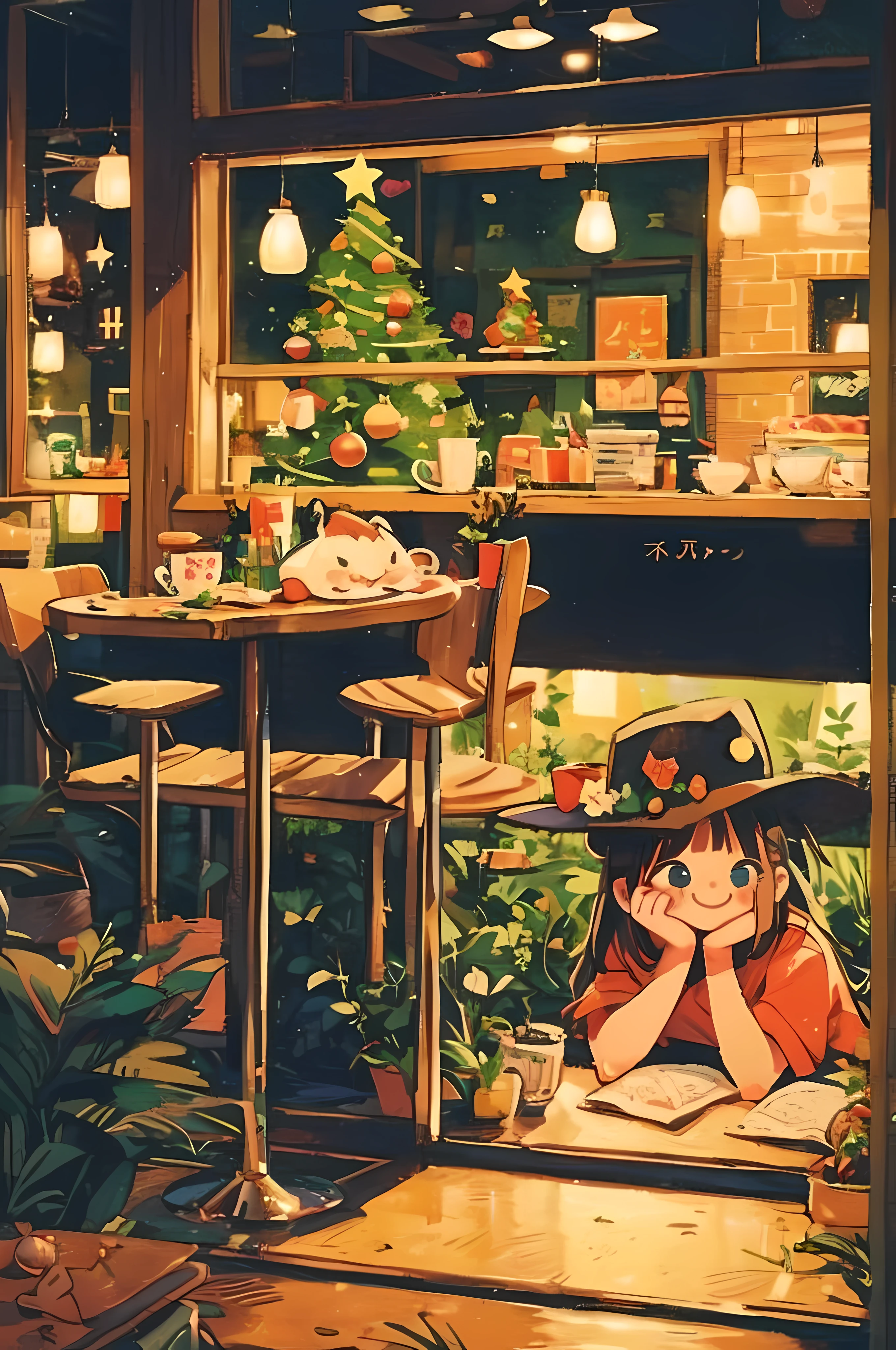 Christmas anime background art, relaxing concept art, anime scenery concept art, immensely detailed scene, a beautiful artwork illustration, highly detailed scene, beautiful anime scene, anime scenery, detailed soft painting, oil painting, vintagepaper, Christmas decoration, (a girl drinking 1 hot coffee in an indoor cafe),((cute face, kawaii)), ((Christmas trees)), ((Christmas hat)), bright_pupils, smile face, windows, watercolor