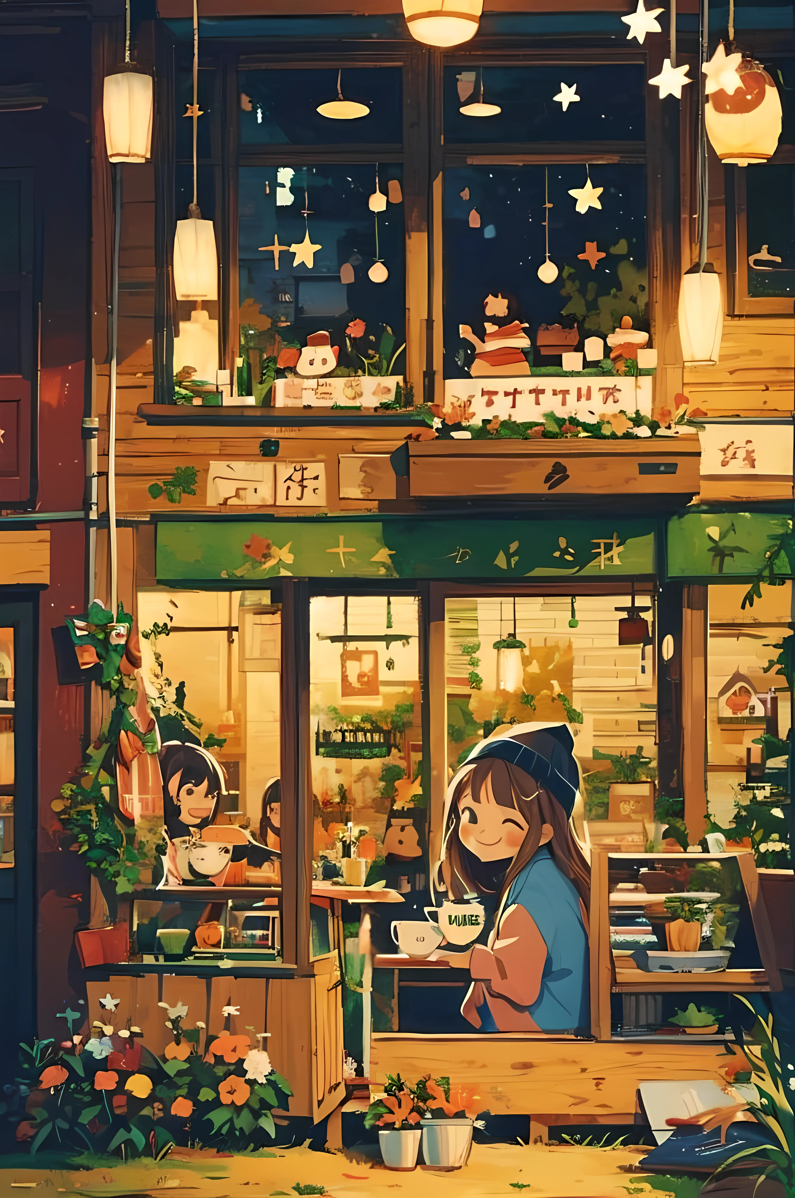 anime background art, relaxing concept art, anime scenery concept art, immensely detailed scene, a beautiful artwork illustration, highly detailed scene, beautiful anime scene, anime scenery, detailed soft painting, oil painting, vintagepaper, Christmas decoration, (a girl drinking 1 hot coffee in an indoor cafe),((cute face, kawaii)), Christmas trees, Christmas hat,bright_pupils, smile face, windows,watercolor