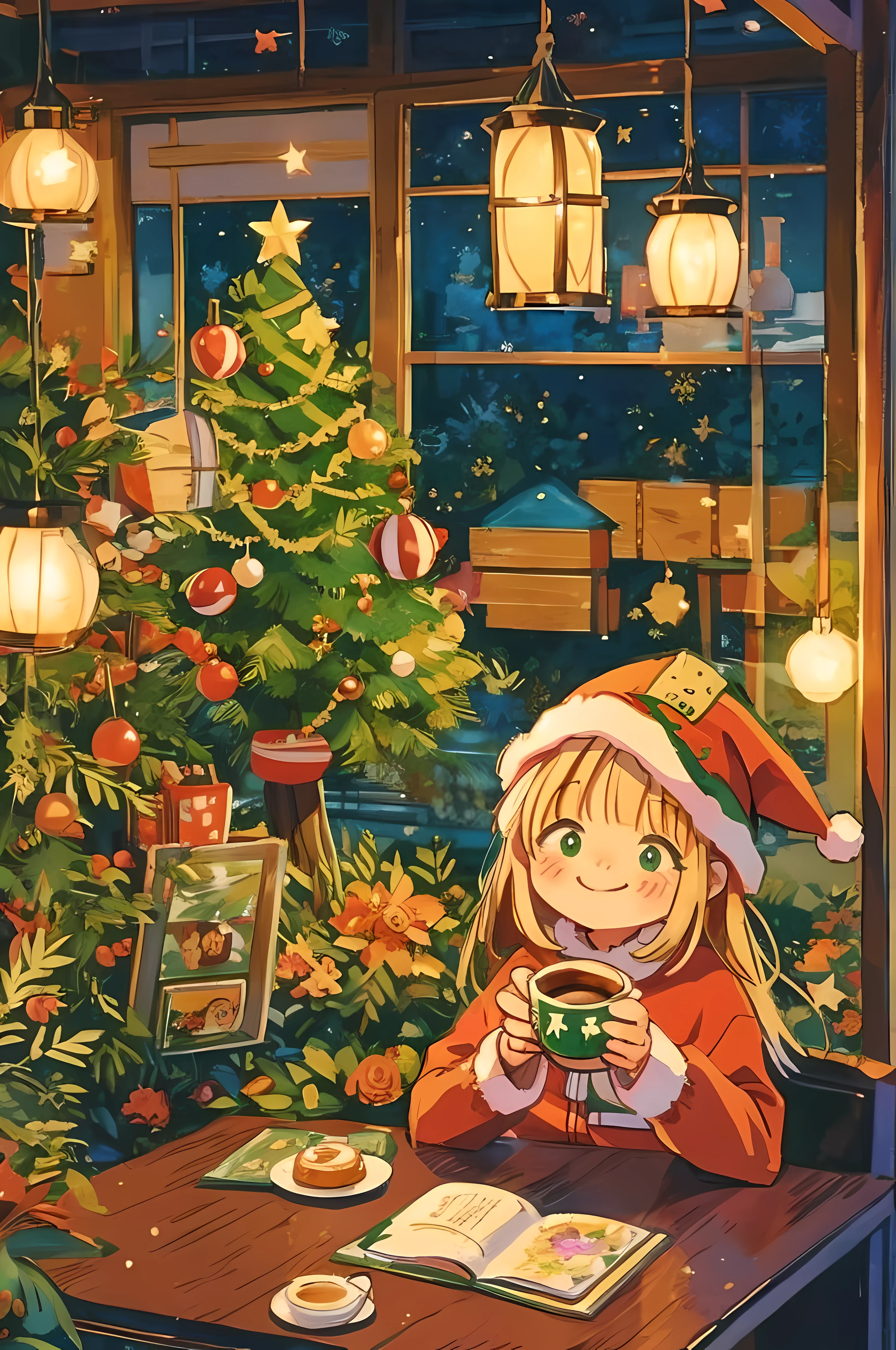 Christmas anime background art, relaxing concept art, anime scenery concept art, immensely detailed scene, a beautiful artwork illustration, highly detailed scene, beautiful anime scene, anime scenery, detailed soft painting, oil painting, vintagepaper, Christmas decoration, (a girl drinking 1 hot coffee in an indoor cafe),((cute face, kawaii)), ((Christmas trees)), ((Christmas hat)), bright_pupils, smile face, windows, watercolor