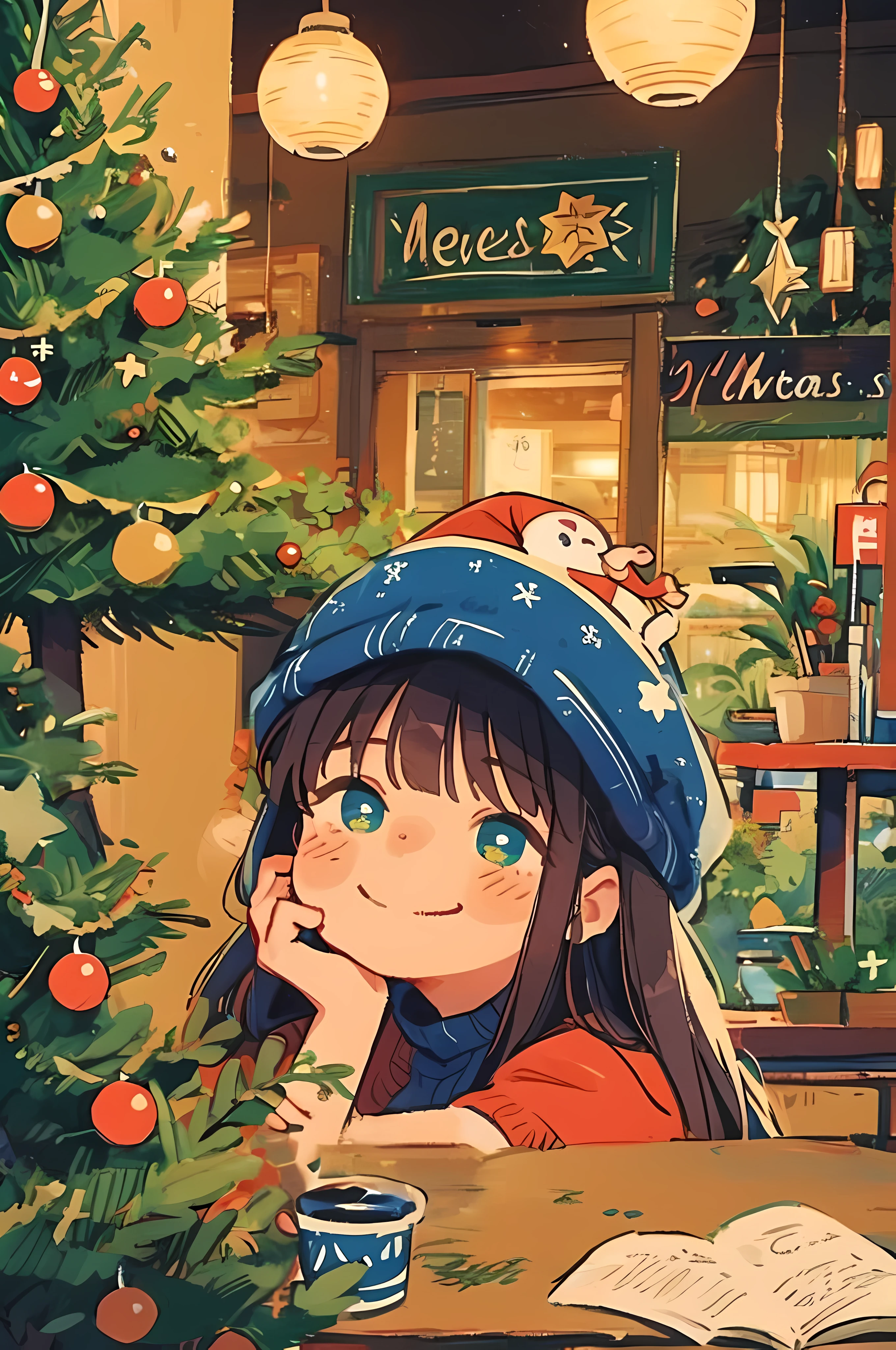 Christmas anime background art, relaxing concept art, anime scenery concept art, immensely detailed scene, a beautiful artwork illustration, highly detailed scene, beautiful anime scene, anime scenery, detailed soft painting, oil painting, vintagepaper, Christmas decoration, (a girl drinking 1 hot coffee in an indoor cafe),((cute face, kawaii)), ((Christmas trees)), ((Christmas hat)), bright_pupils, smile face, windows, watercolor