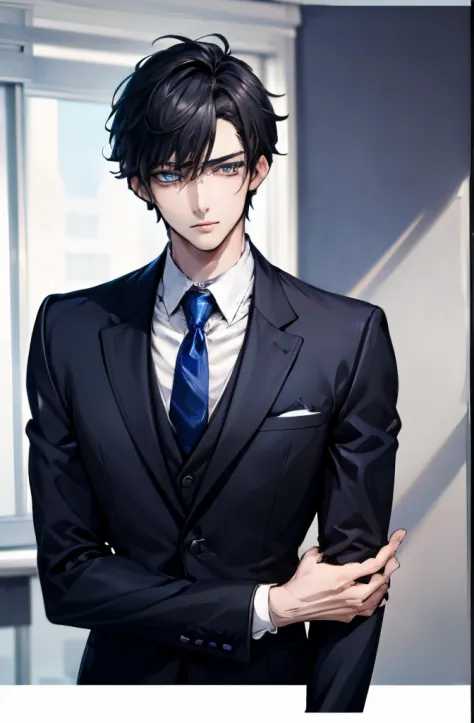 Depiction in motion，best qualtiy，1 male，With short black hair，The shirt, seminude、anime handsome guy,Wearing a strict suit, Dark...
