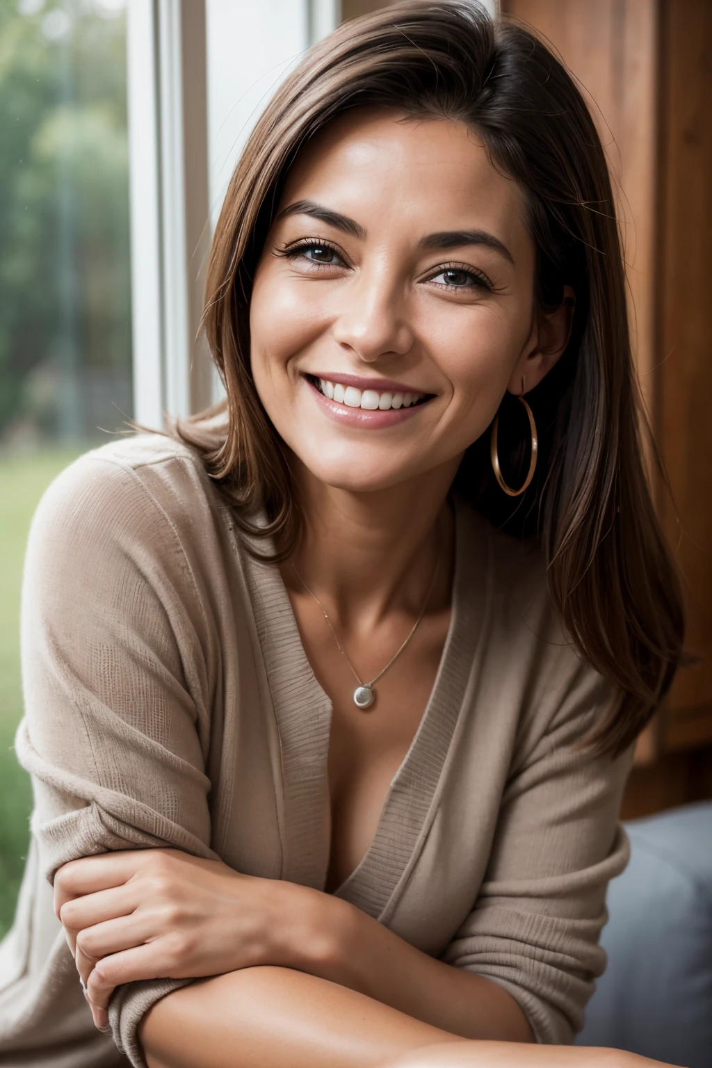 A woman sitting on a couch smiling and looking at the camera - SeaArt AI