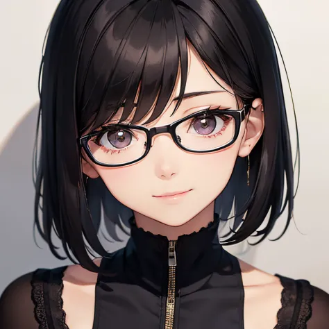 a dark-haired、 adult lady、eye glass、a slight smil、facing the front、short-hair