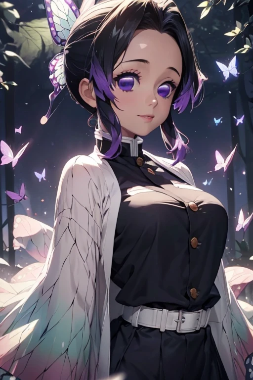 Ultra-realistic 8K CG，tmasterpiece，（（Ultra detailed backgrounds，delicate patterns，Best intricate and detailed quality，very vey very detailed face，extremely detailed eye and face，Very detailed eyes，kochou shinobu，O cabelo multicolorido，No bangs，Hair intake，Purple Eye，Forehead，Black shirt，Black pantsuit，haori，butterflys，Strip strip，（Torpical Garden：1.2），purple flower，Mostly cloudy sky，rays of sunshine，Tindall Effect，gradient_skyporn，faces，Beautiful sky，Saber on the waist，enchanting posture，full bodyesbian、（onepiece:1.5)、perfect hands perfect fingers perfect breasts perfect hair perfect face perfect body