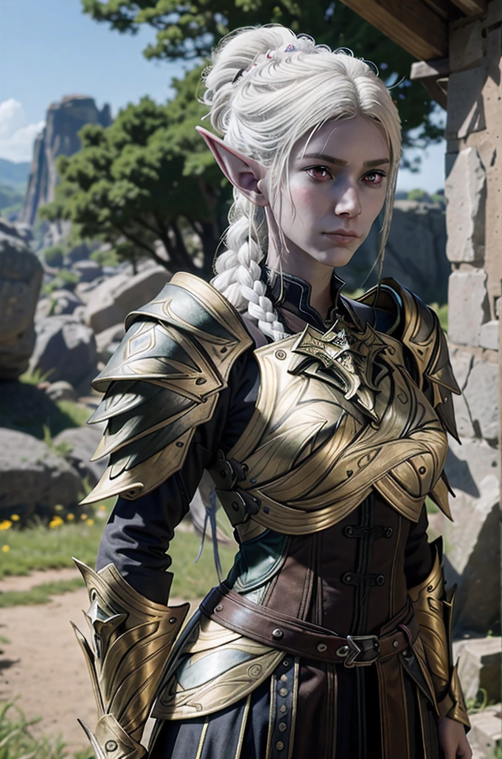 MintaraBG, 独奏, pointed ears, 1girl, bronya, elf, blurred background, exteriors, breastplate, arma, blurry, Day, shoulder armor, a tree, sword, upper-body, colored skin, braid, white colored hair, Brown eyes, closed mouth, blonde hair, lips, Realistic,
Masterpiece, Best Quality,