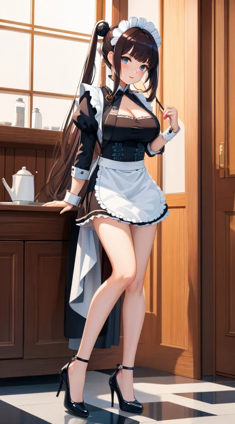 (best quality), 1 girl, ultra-detailed, illustration, yang guifei, standing, (maid:1.4), cleavage, maid apron, high heels