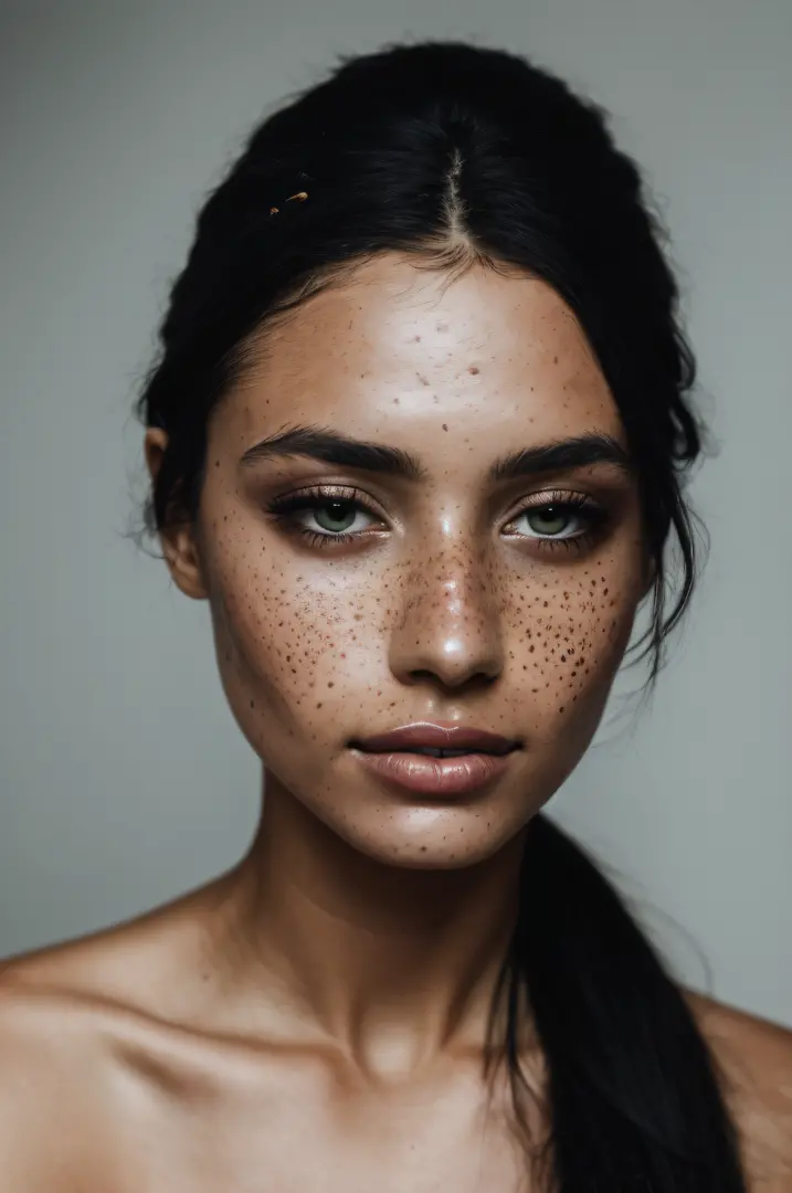 arafed woman with freckles and a ponytail with a black hair, elegant freckles, woman with freckles, tanned beauty portrait, freckled face, detailed beauty portrait, hint of freckles, freckled, freckles, sparse freckles, photo of a beautiful woman, light fr...
