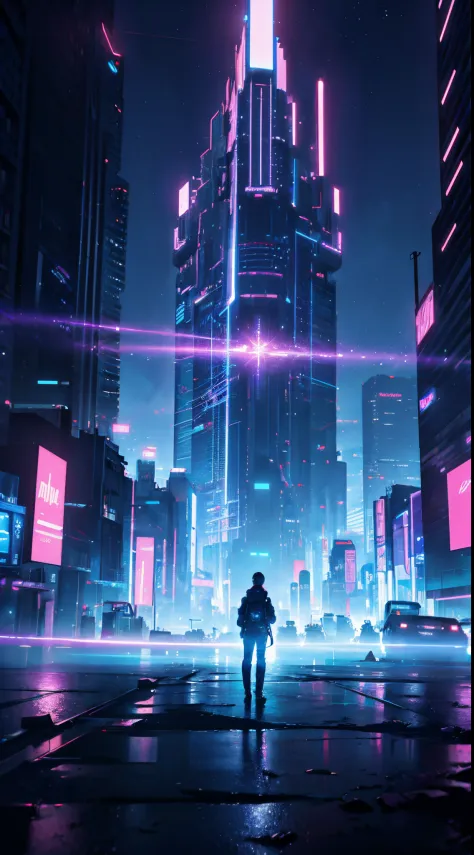 Highlight in the sky，There is a red and blue sky in the sky, Synthwave City, cinematic neon matte painting, in the style of beeple, 3 d render beep, cinematic beep, cyberpunk city landscape, dystopian city skyline at night, hybrid style mix of beeple, Futu...