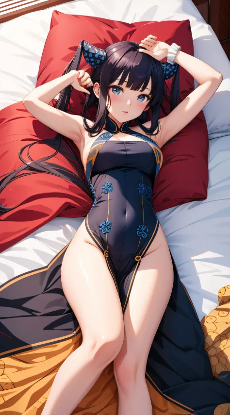 (best quality), 1 girl, ultra-detailed, illustration, yang guifei, bed, (lying down), (naked), (view from above)