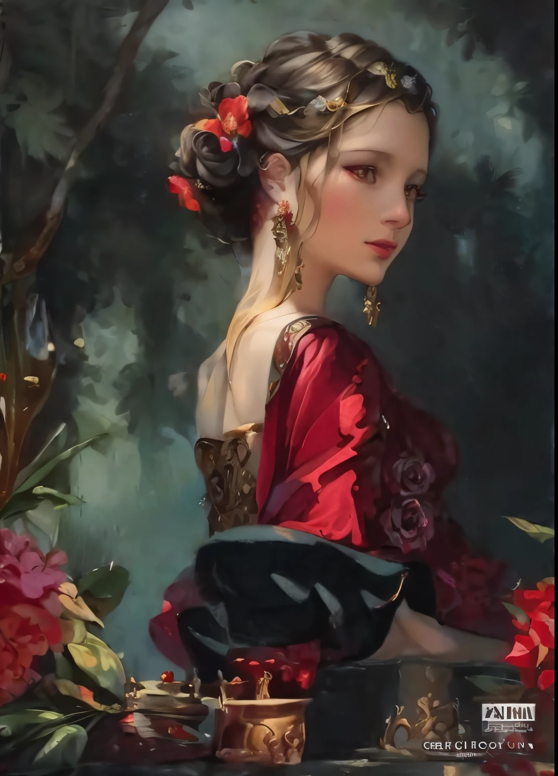 Painting of a woman in a red dress with flowers in her hair, elegant digital painting, inspired by Magali Villeneuve, renaissance digital painting, beautiful character painting, in style of wlop, graphic artist magali villeneuve, magali villeneuve', Baroque digital painting, Alphonse Mucha Magali Villeneuve, WLOP Painting Style, digital art of an elegant