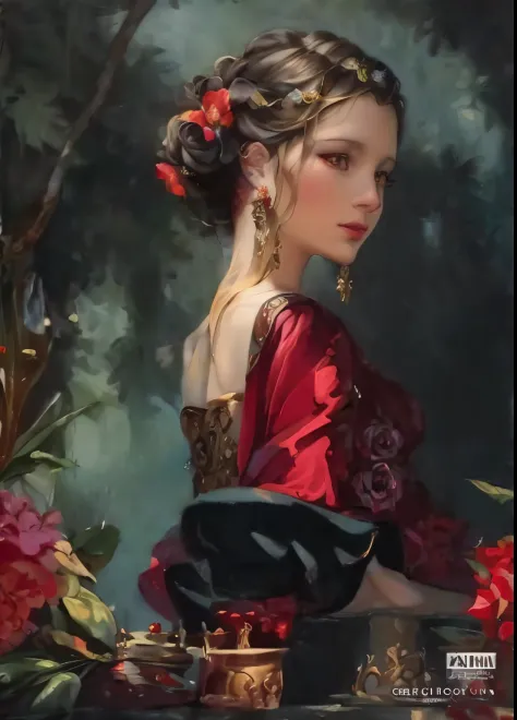 Painting of a woman in a red dress with flowers in her hair, elegant digital painting, inspired by Magali Villeneuve, renaissance digital painting, beautiful character painting, in style of wlop, graphic artist magali villeneuve, magali villeneuve', Baroqu...