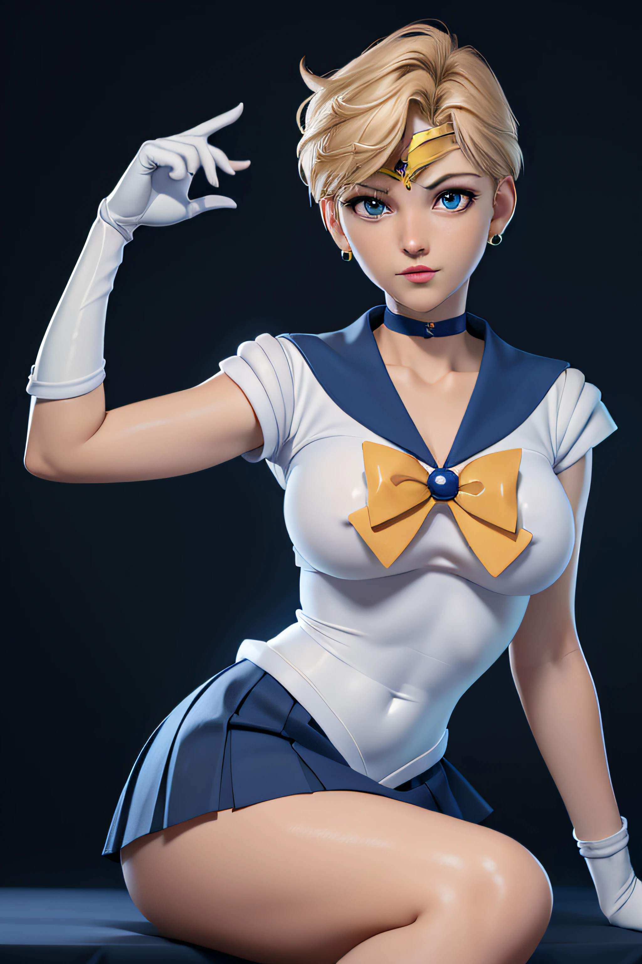 (The best quality:1.1), (masterpiece:1.4), (absurdities:1.0), portrait, foreground,1girl, Sailor Uranus, KizukiAi, mature woman, small breasts, aqua eyes, blond hair, Uniforme Sailor Senshi, Sailor Necklace, chest arch, rear arch, Supplicant skirt, white gloves de codo, big booty, Ultra mini skirt , jewely, earrings, pleated skirt , Blue sailor necklace, mini skirt, choker, choker azul, white gloves, short hair, jewely, earrings, sitting, crossed legs, very sexy. COILED LEGS, Show loot