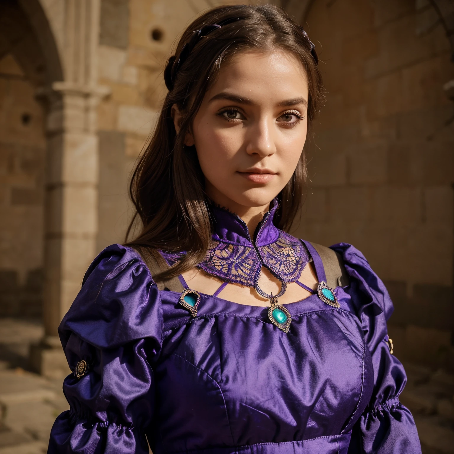 A close up of a woman in a purple dress with a necklace - SeaArt AI